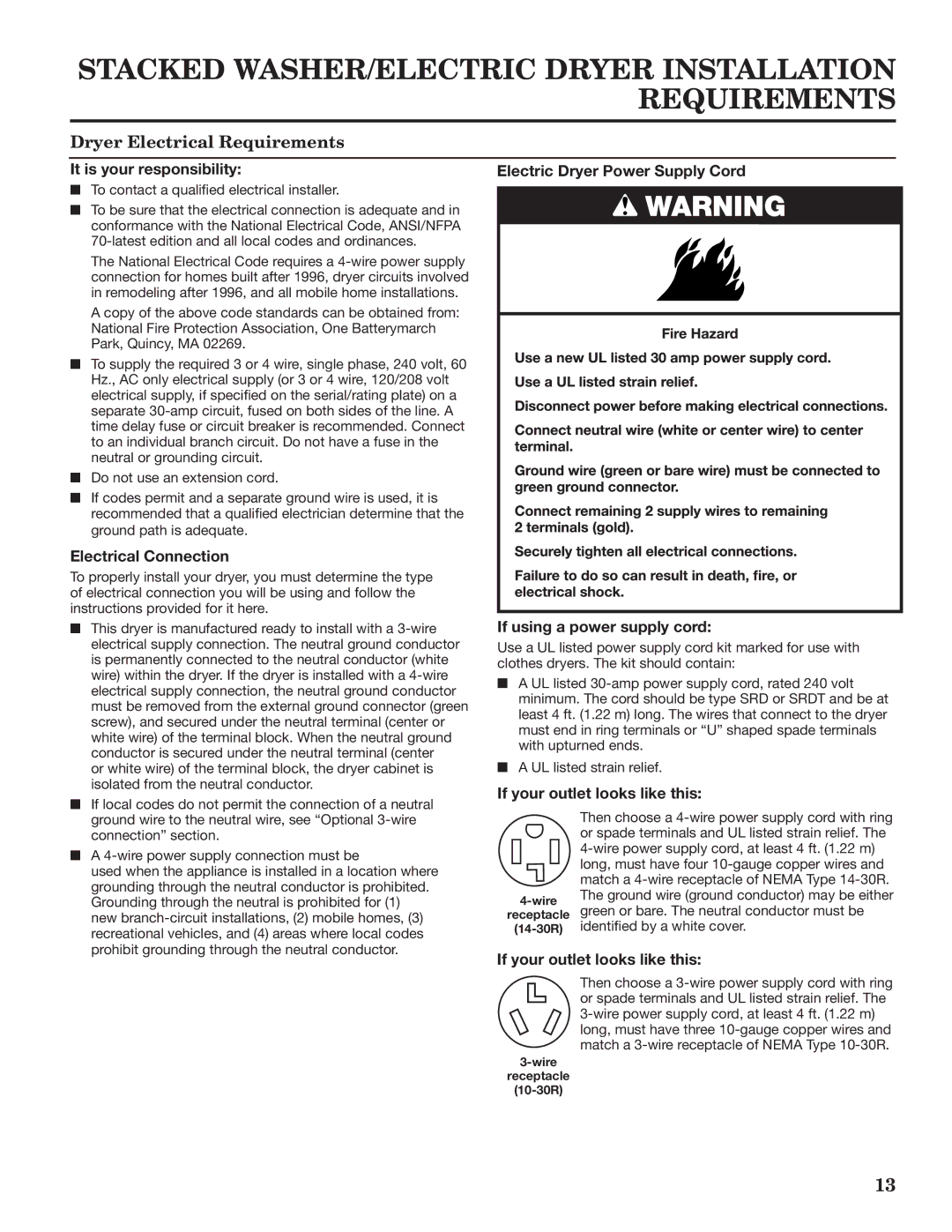 Maytag W10335465B Dryer Electrical Requirements, It is your responsibility Electric Dryer Power Supply Cord 