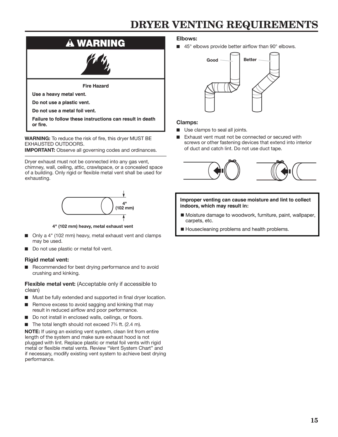 Maytag W10335465B installation instructions Dryer Venting Requirements, Elbows, Clamps, Rigid metal vent 