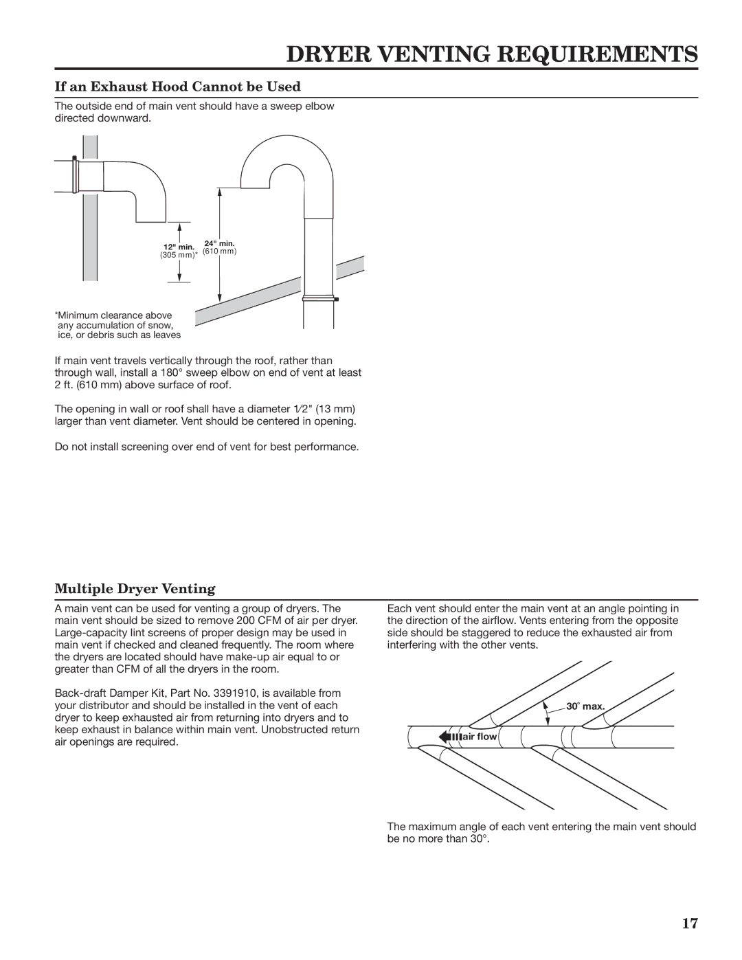 Maytag W10335465B installation instructions If an Exhaust Hood Cannot be Used, Multiple Dryer Venting 