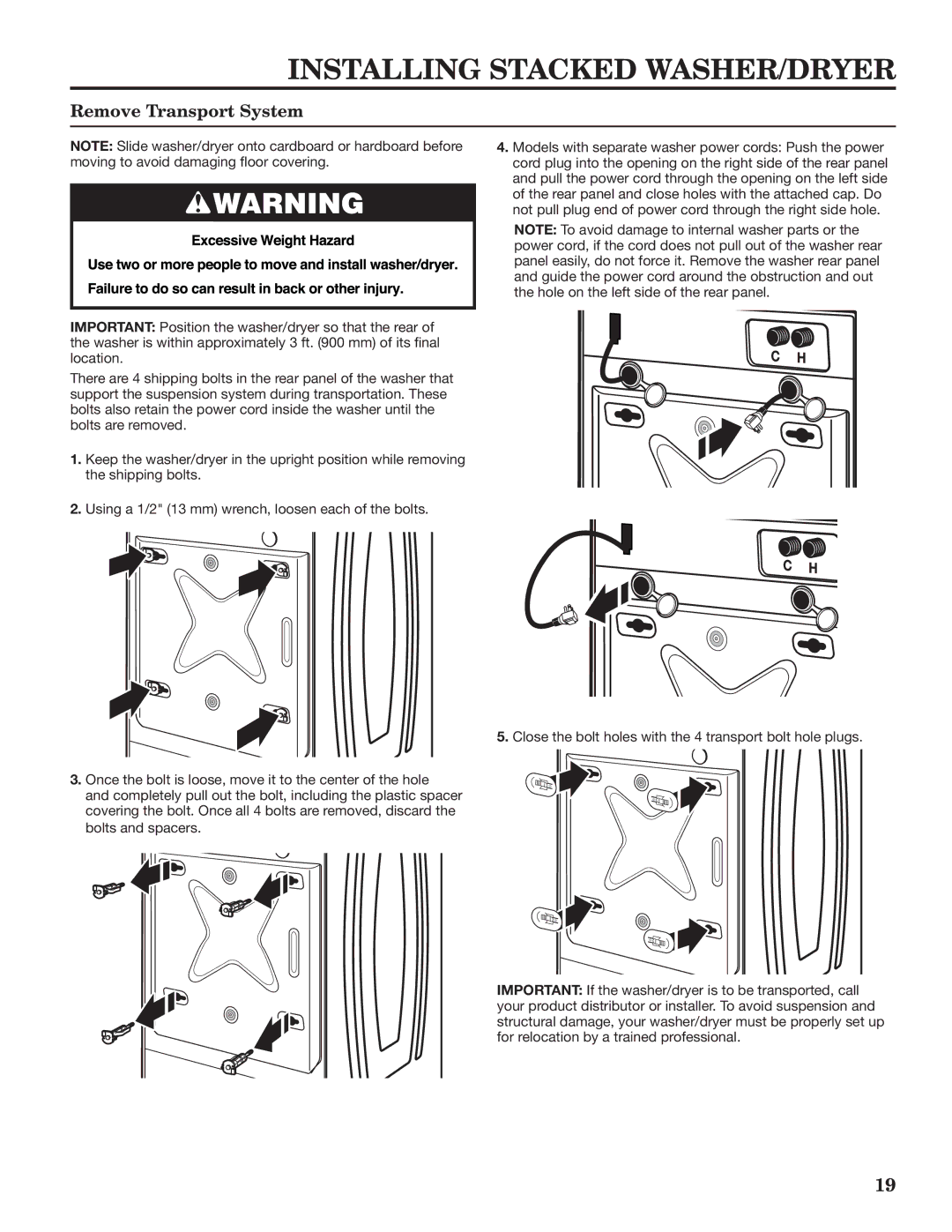 Maytag W10335465B installation instructions Installing Stacked WASHER/DRYER, Remove Transport System 