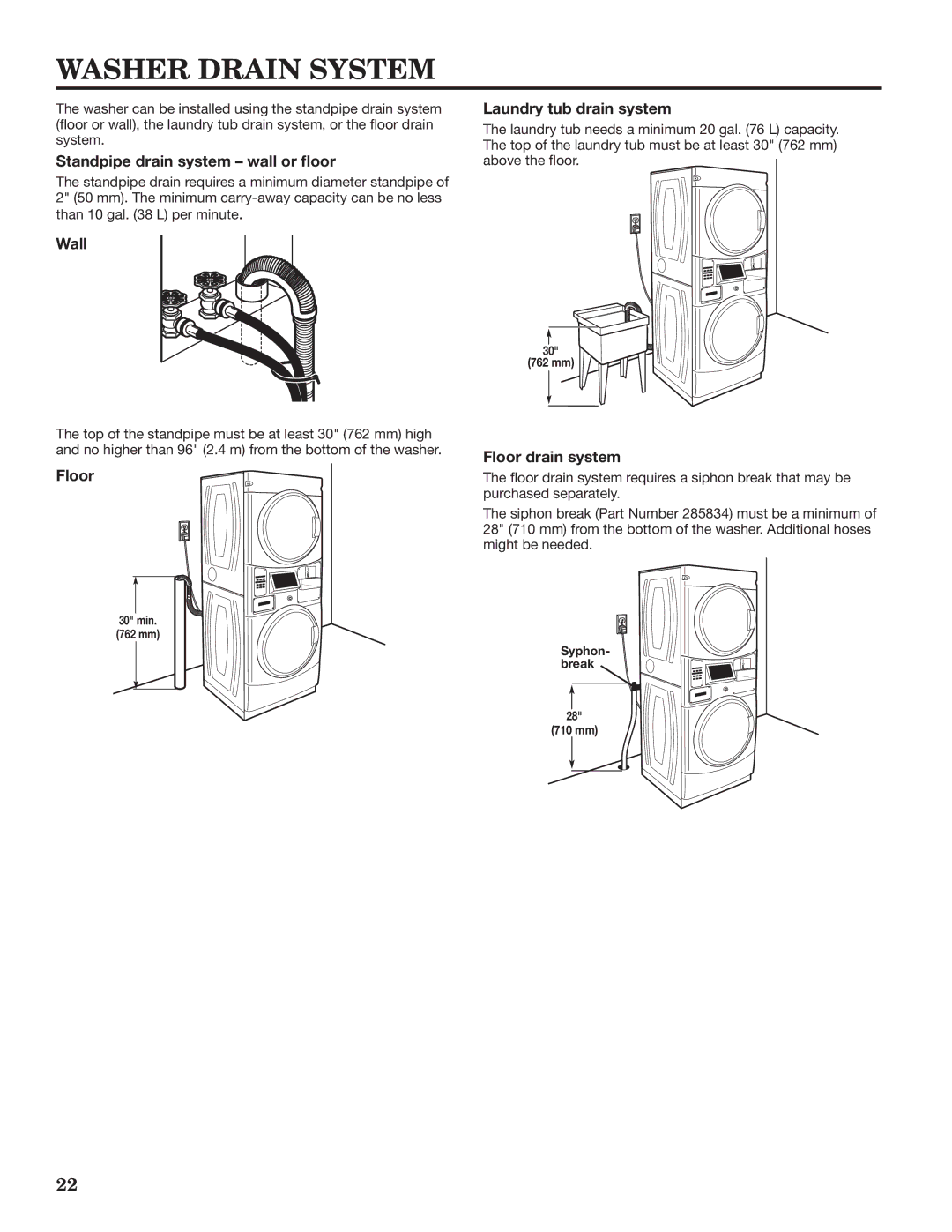 Maytag W10335465B Washer Drain System, Standpipe drain system wall or floor, Wall Laundry tub drain system, Floor 