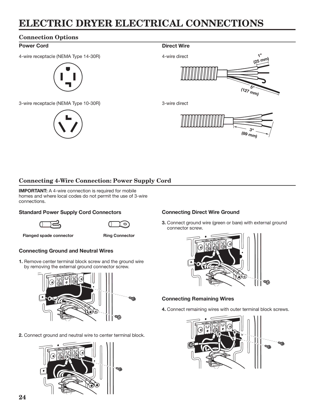 Maytag W10335465B installation instructions Connection Options, Connecting 4-Wire Connection Power Supply Cord 