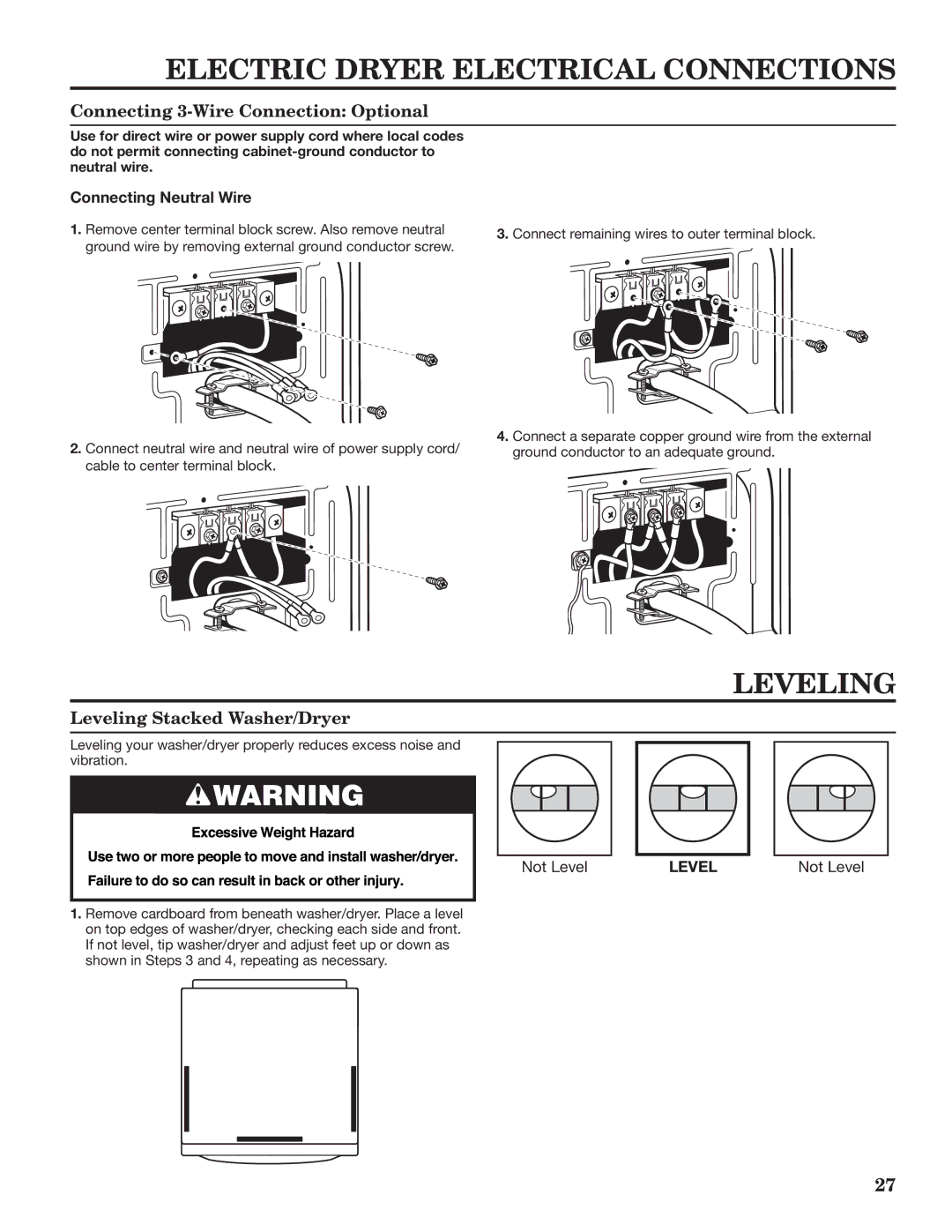 Maytag W10335465B installation instructions Connecting 3-Wire Connection Optional, Leveling Stacked Washer/Dryer 