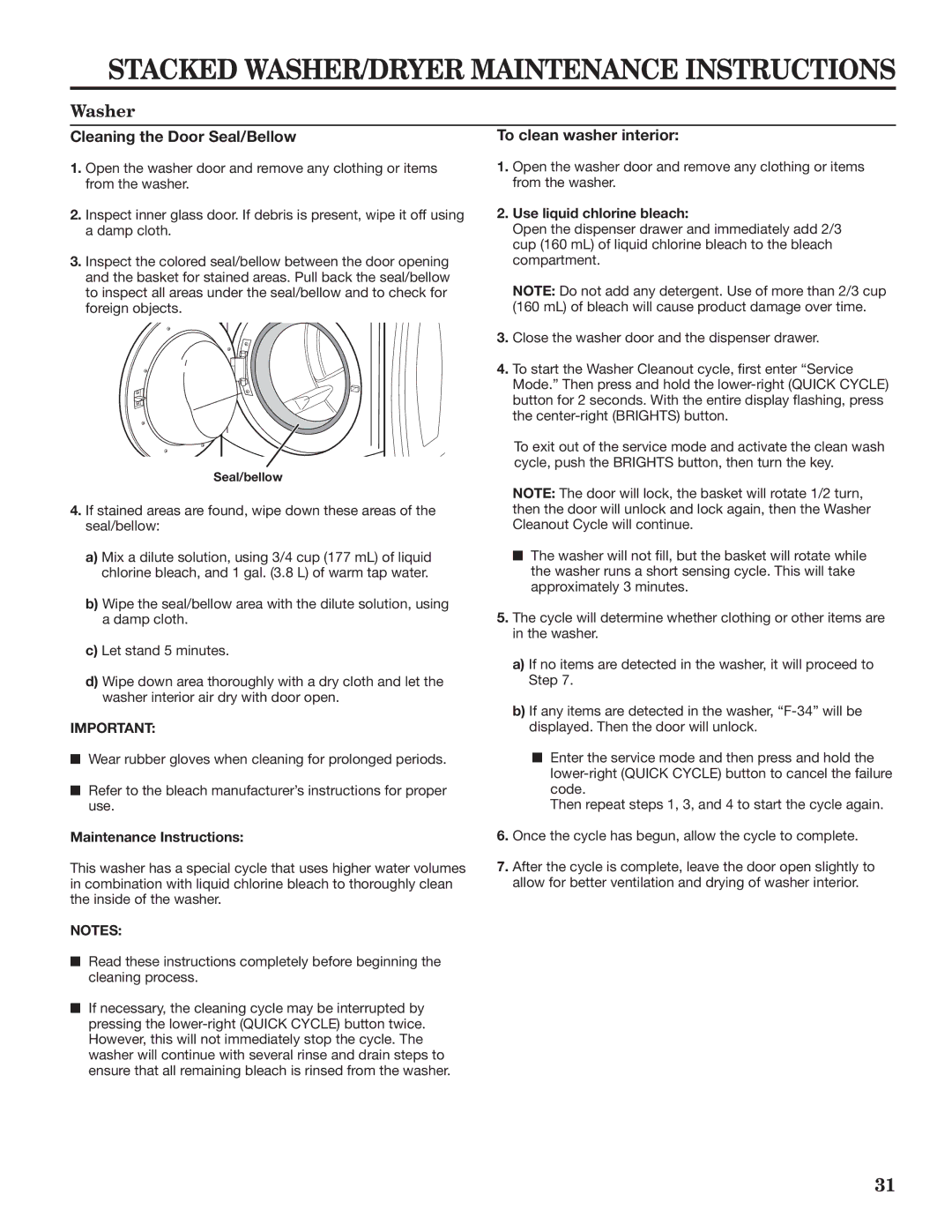 Maytag W10335465B Stacked WASHER/DRYER Maintenance Instructions, Washer, Use liquid chlorine bleach 