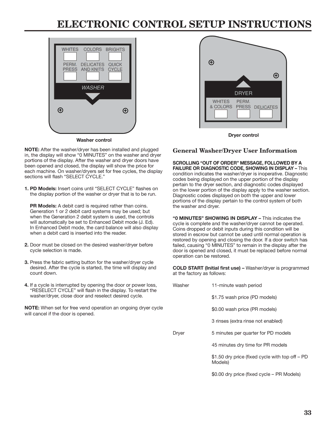 Maytag W10335465B Electronic Control Setup Instructions, General Washer/Dryer User Information, Washer control 