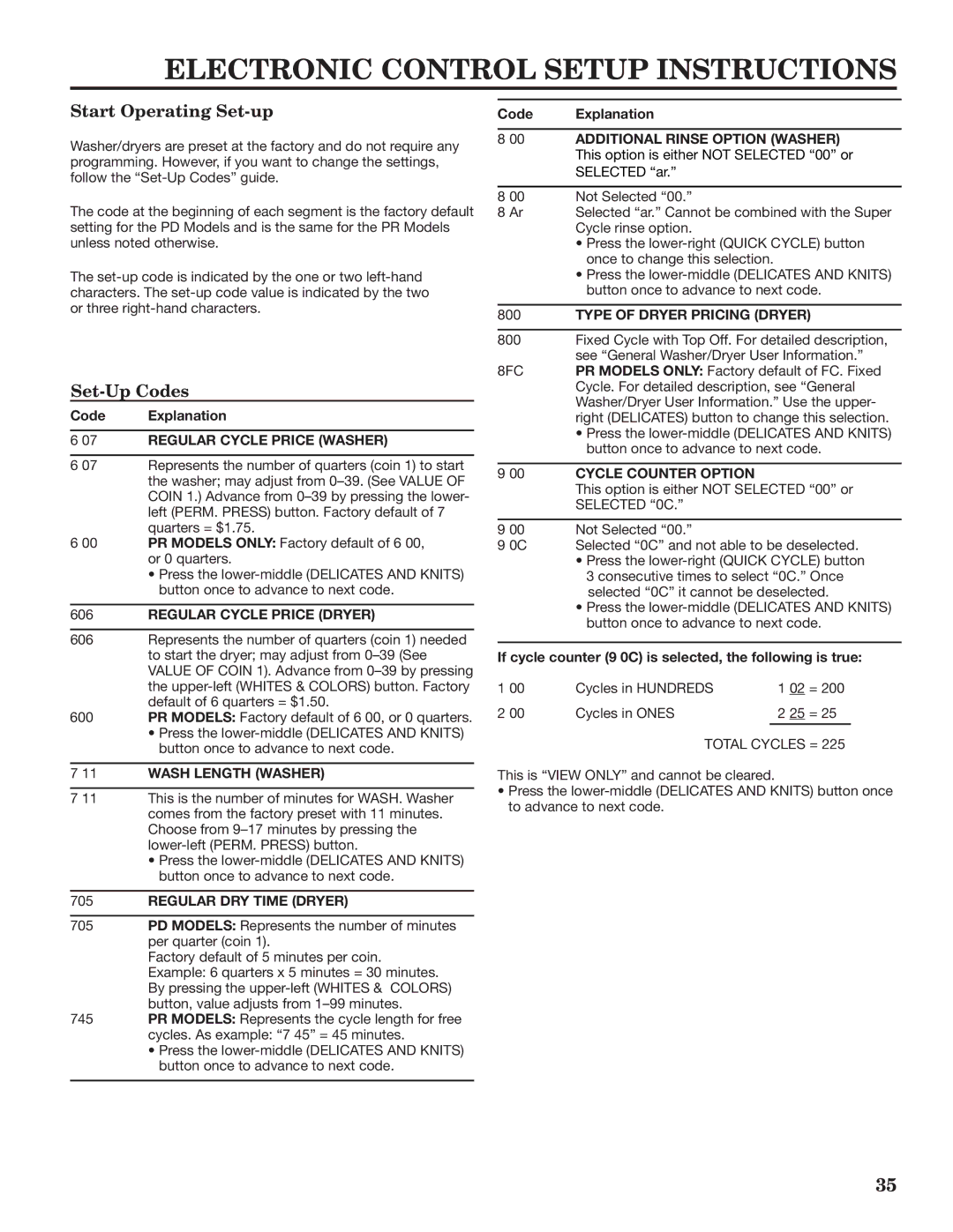 Maytag W10335465B installation instructions Start Operating Set-up, Set-Up Codes, Code Explanation 