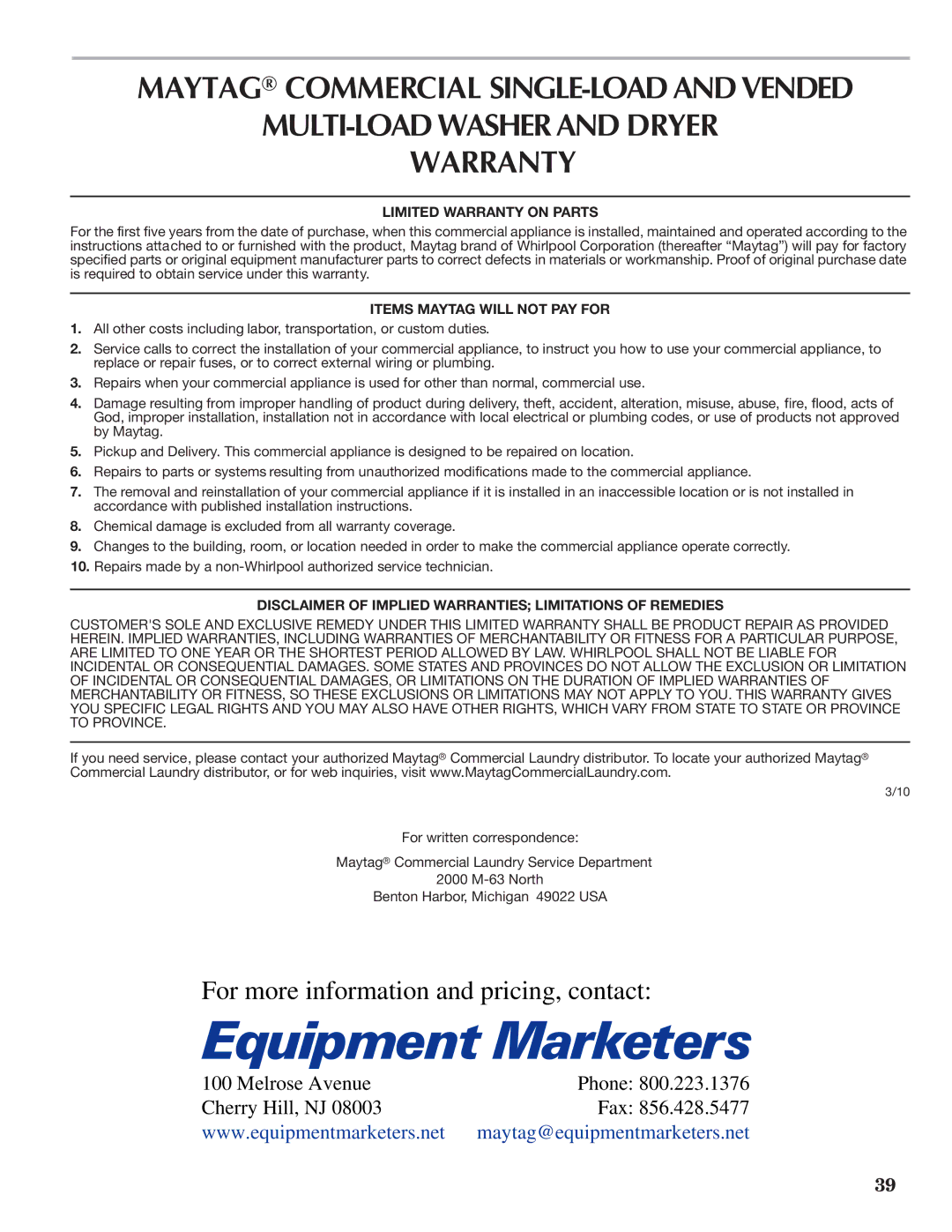 Maytag W10335465B installation instructions MULTI-LOAD Washer and Dryer Warranty 