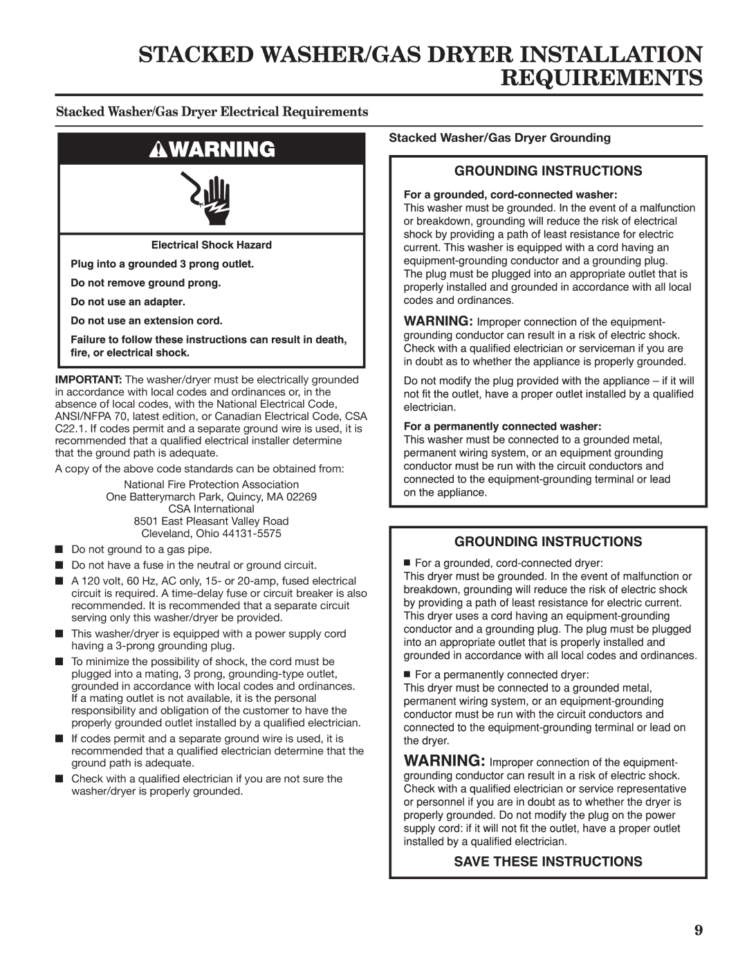 Maytag W10335465B Stacked Washer/Gas Dryer Electrical Requirements, Stacked Washer/Gas Dryer Grounding 