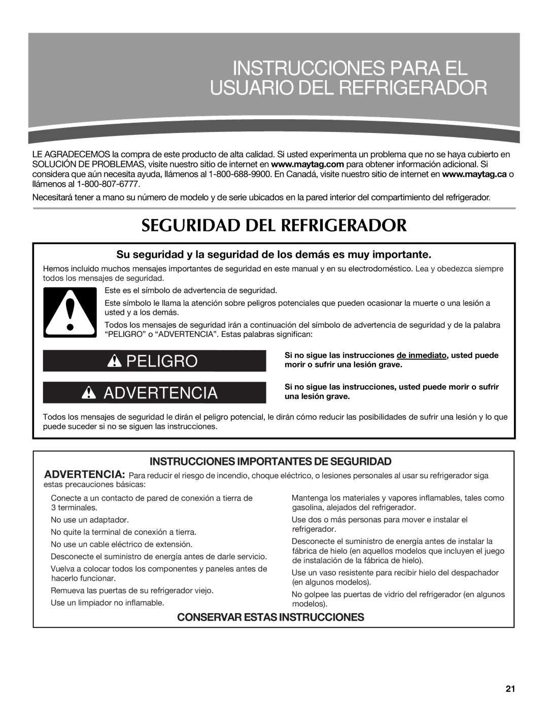 Maytag W10336164A installation instructions Instrucciones Para EL Usuario DEL Refrigerador, Seguridad DEL Refrigerador 