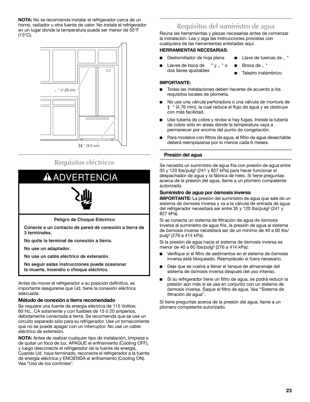 Maytag W10336164A Requisitos eléctricos, Requisitos del suministro de agua, Método de conexión a tierra recomendado 