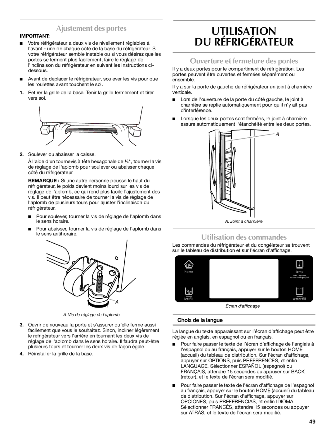 Maytag W10336164A Utilisation DU Réfrigérateur, Ajustement des portes, Ouverture et fermeture des portes 