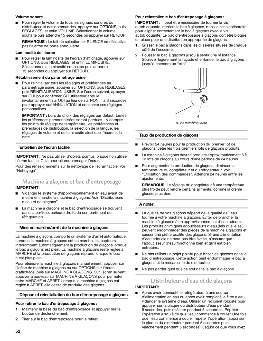 Maytag W10336164A Distributeurs d’eau et de glaçons, Entretien de l’écran tactile, Taux de production de glaçons 