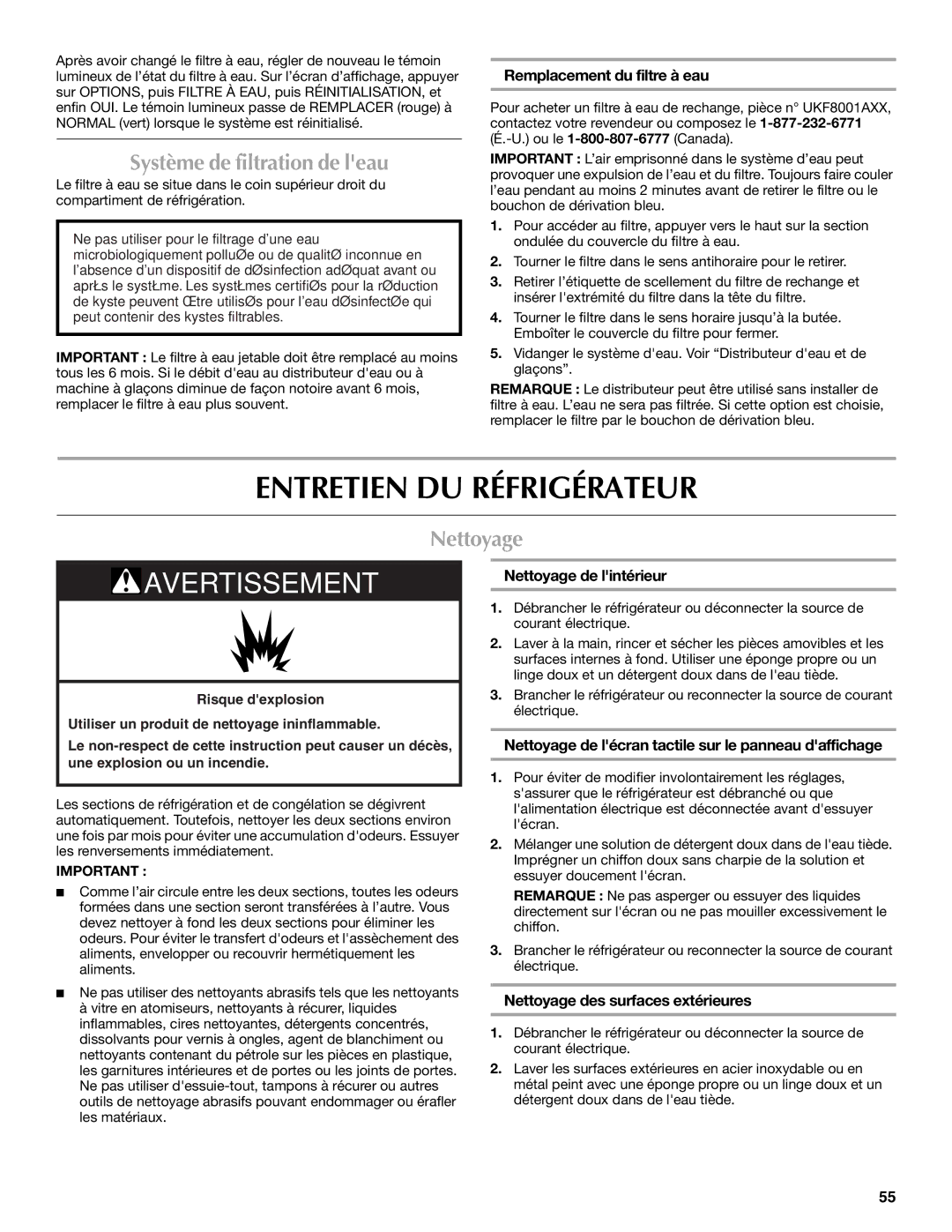 Maytag W10336164A installation instructions Entretien DU Réfrigérateur, Système de filtration de leau, Nettoyage 