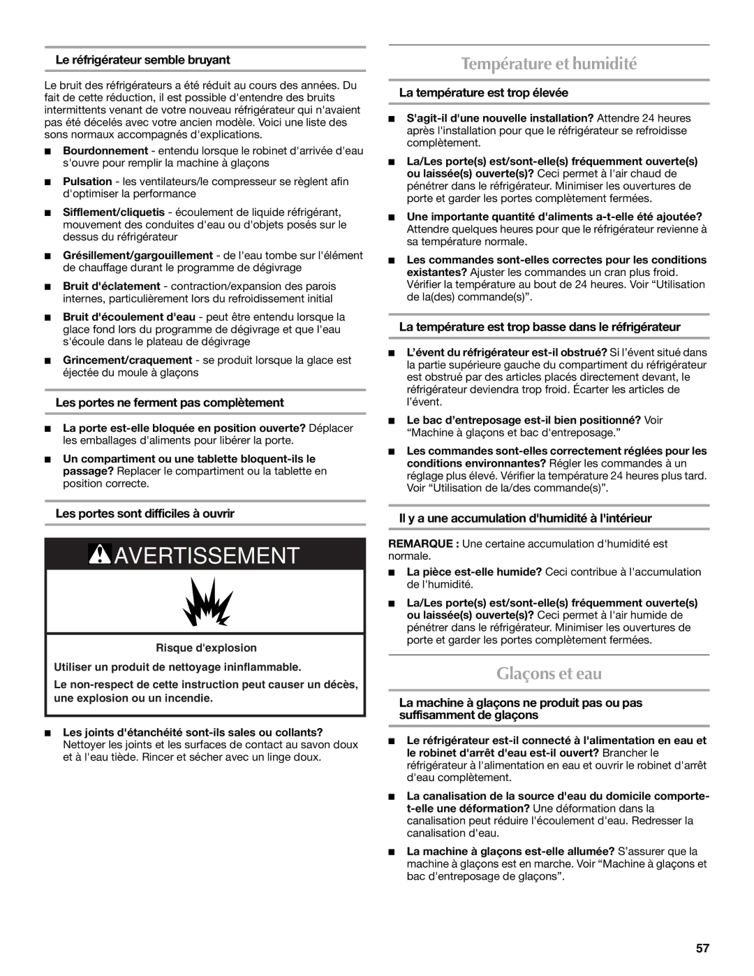 Maytag W10336164A installation instructions Température et humidité, Glaçons et eau 