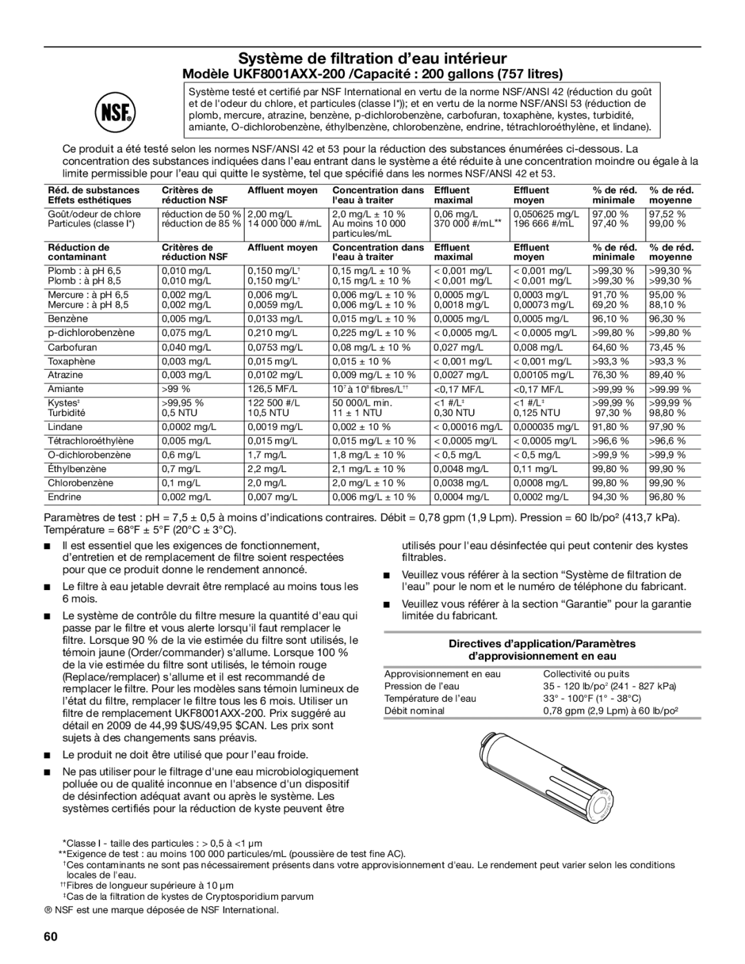 Maytag W10336164A installation instructions Modèle UKF8001AXX-200 /Capacité 200 gallons 757 litres 