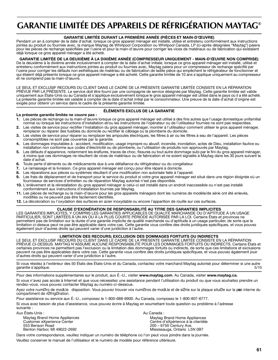 Maytag W10336164A installation instructions Garantie Limitée DES Appareils DE Réfrigération Maytag 