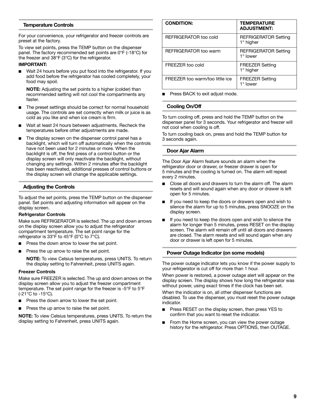 Maytag W10336164A installation instructions Temperature Controls, Adjusting the Controls, Cooling On/Off, Door Ajar Alarm 