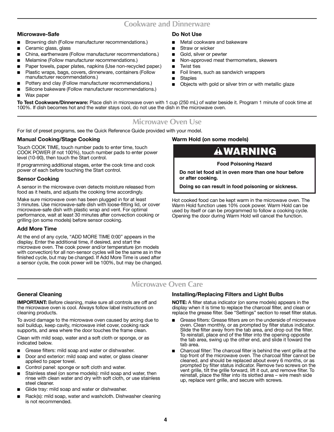 Maytag W10336688A important safety instructions Cookware and Dinnerware, Microwave Oven Use, Microwave Oven Care 