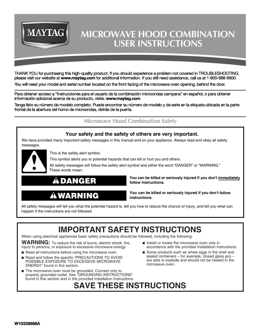 Maytag W10336688A important safety instructions Important Safety Instructions, Save These Instructions, Danger 