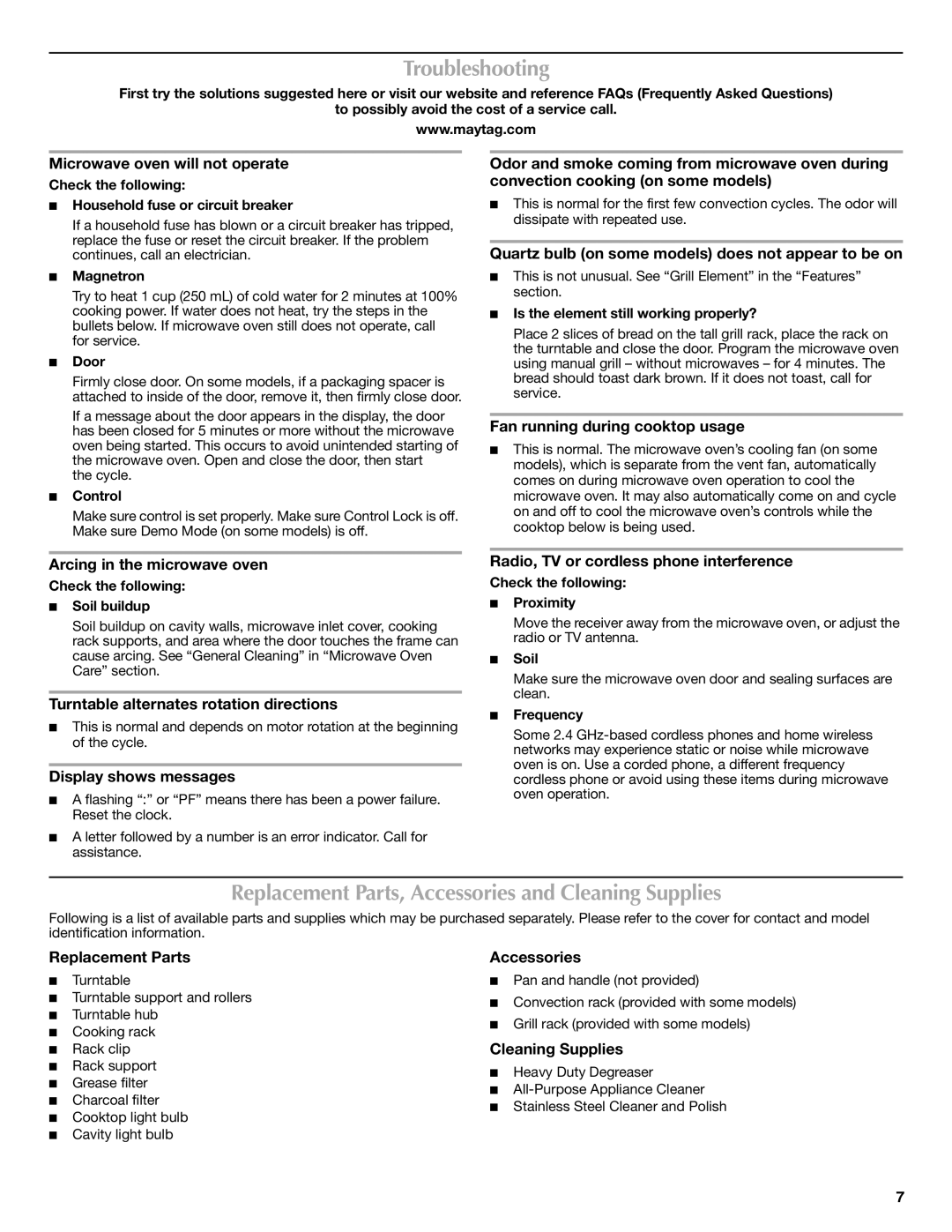 Maytag W10336691A important safety instructions Troubleshooting, Replacement Parts, Accessories and Cleaning Supplies 