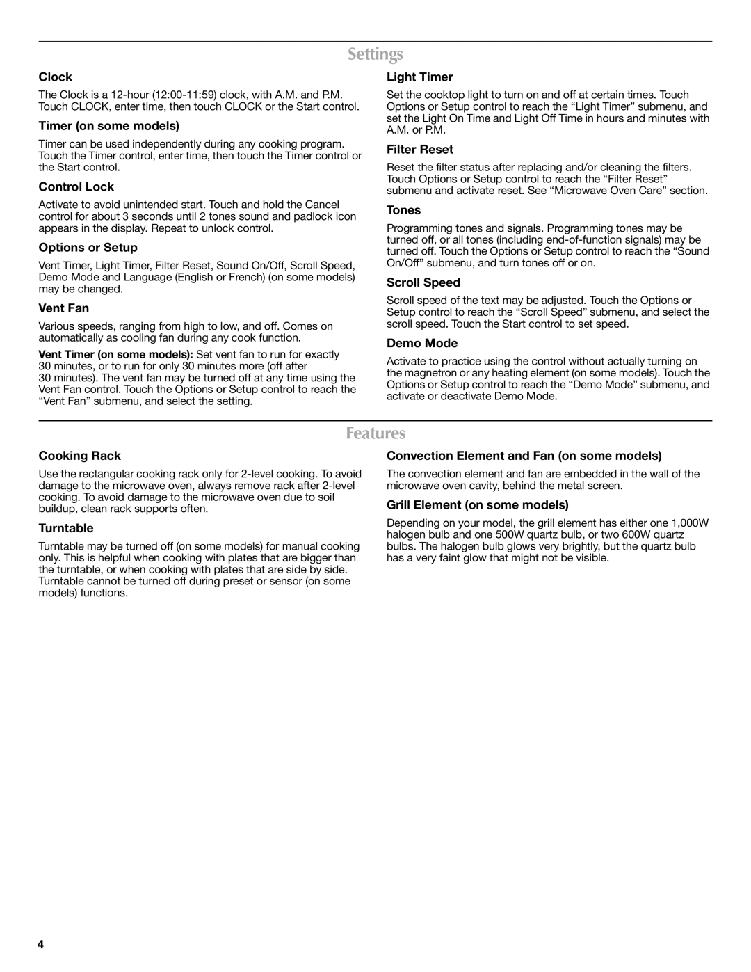 Maytag W10336695A important safety instructions Settings, Features 