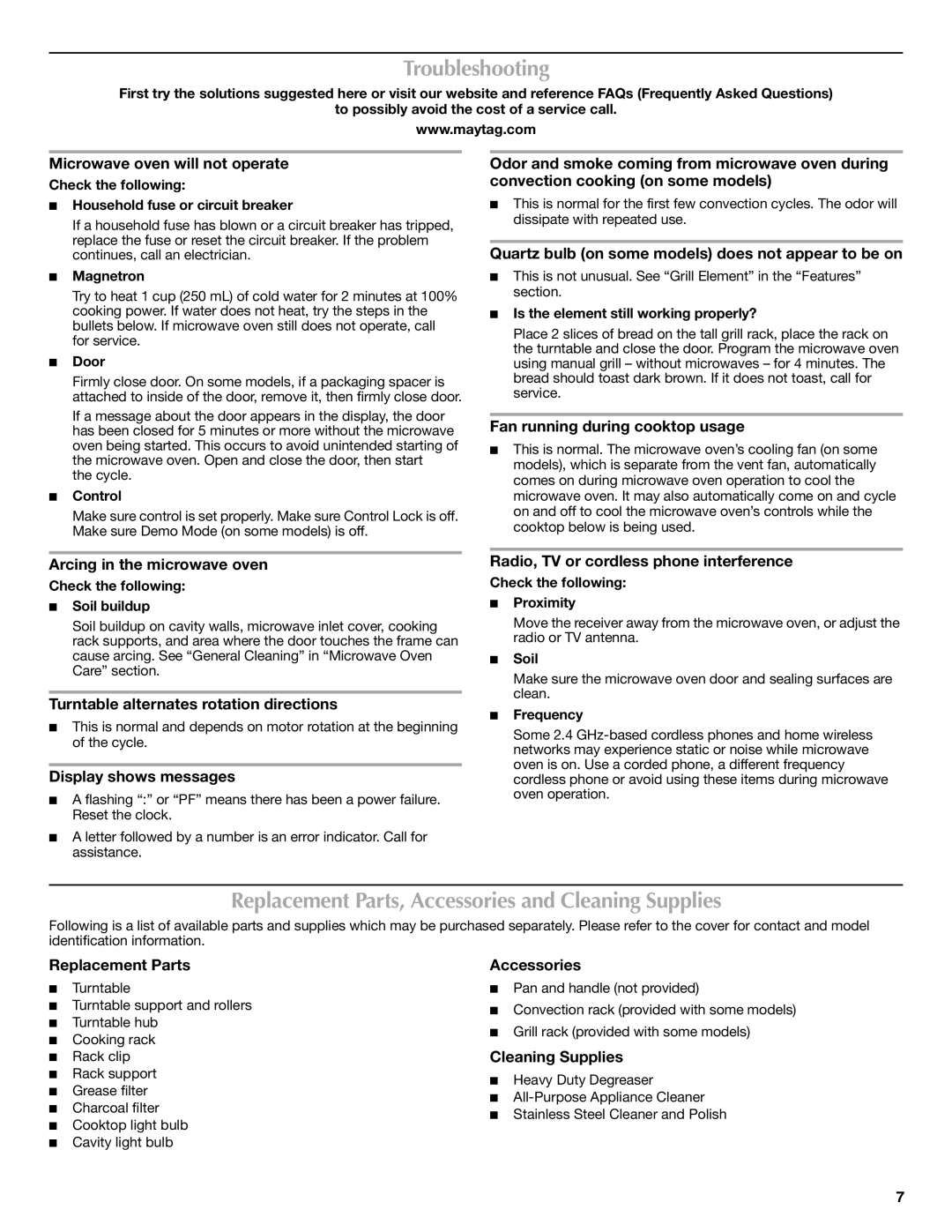 Maytag W10336695A important safety instructions Troubleshooting, Replacement Parts, Accessories and Cleaning Supplies 