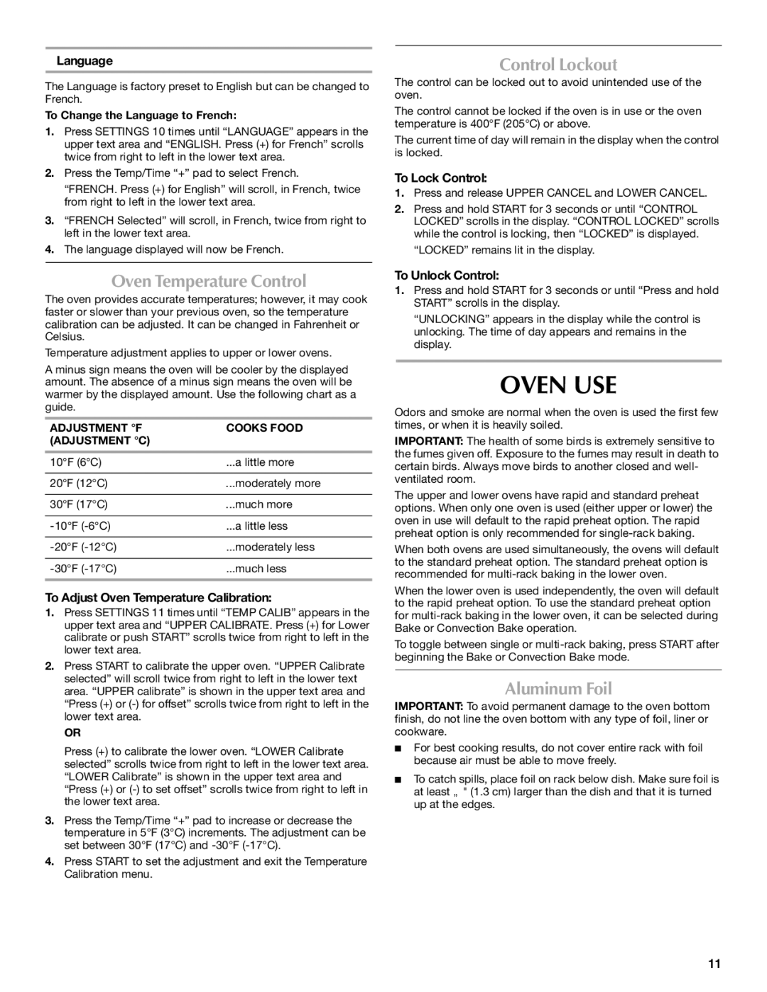 Maytag W10345638A manual Oven USE, Control Lockout, Oven Temperature Control, Aluminum Foil 