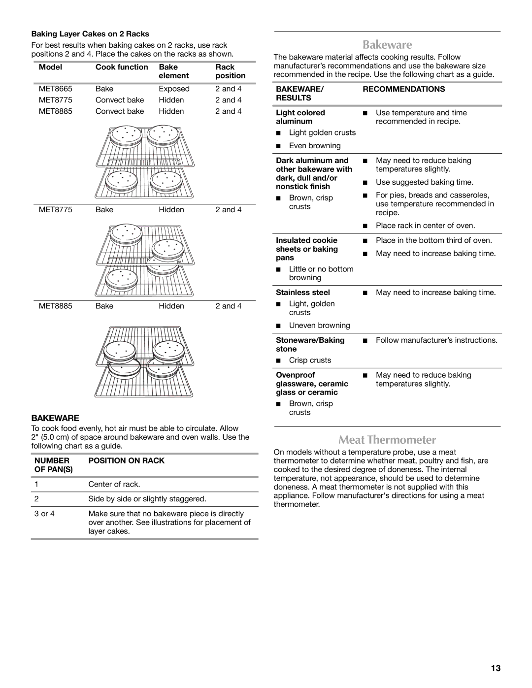 Maytag W10345638A manual Meat Thermometer, Number Position on Rack Pans, Bakeware Recommendations Results 