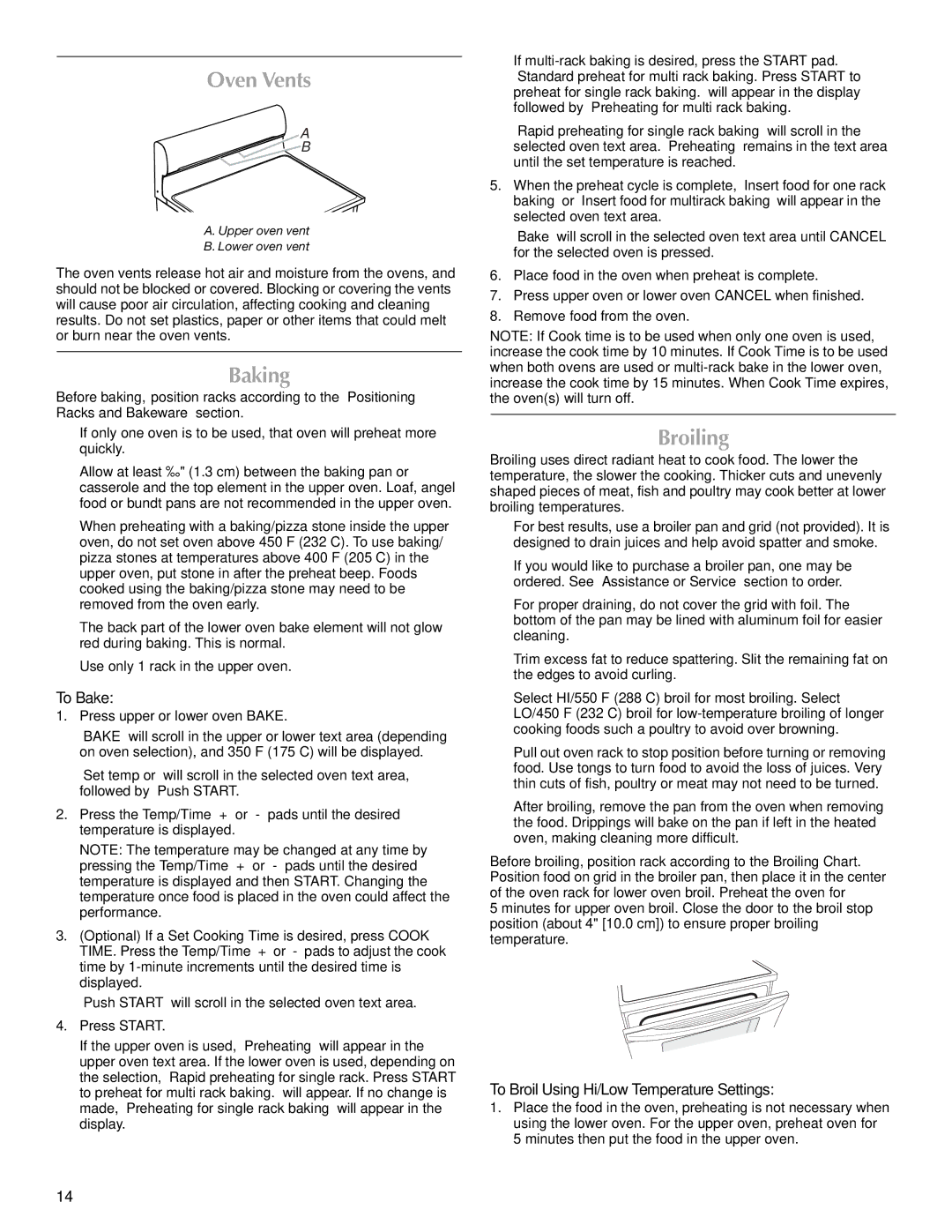 Maytag W10345638A manual Oven Vents, Baking, Broiling, To Bake, To Broil Using Hi/Low Temperature Settings 