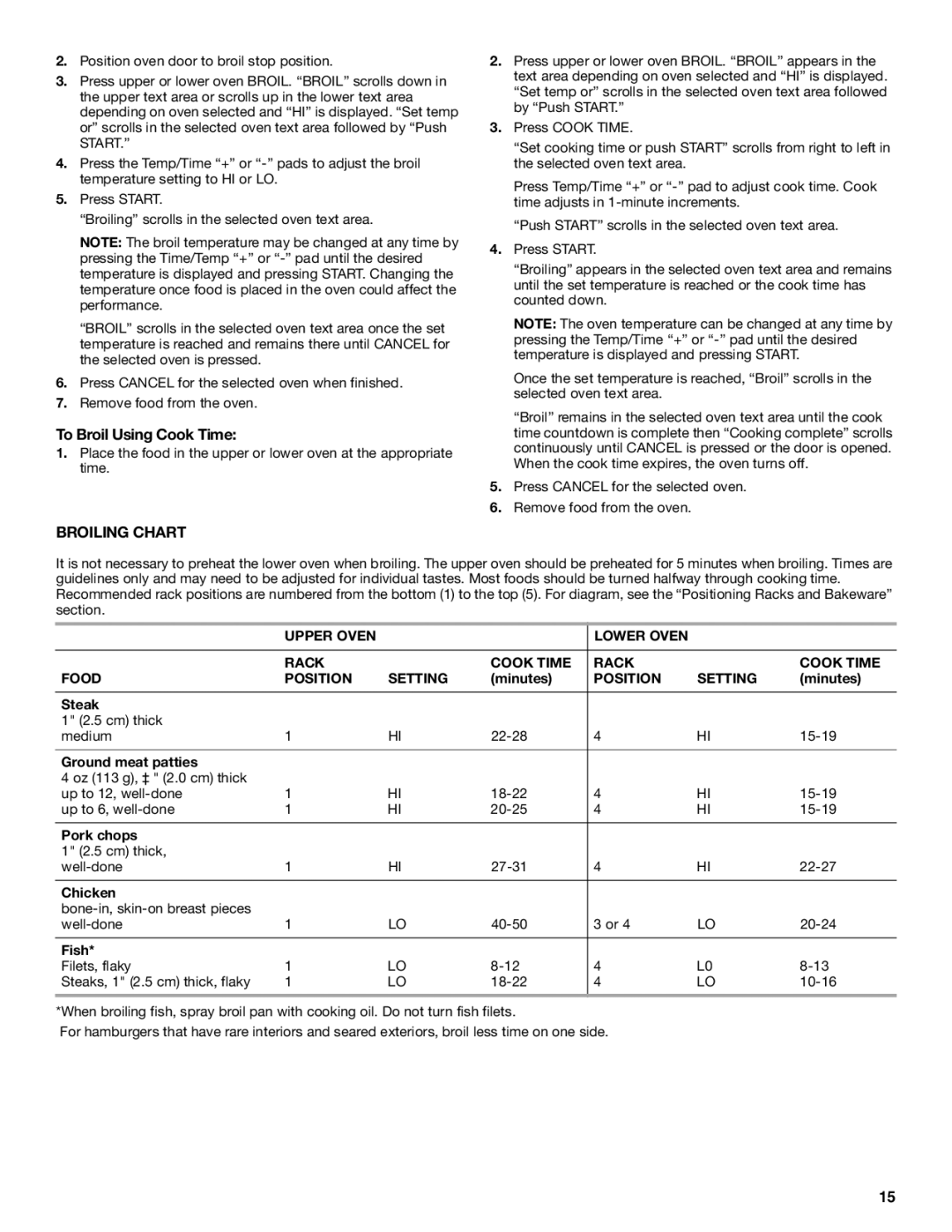 Maytag W10345638A manual To Broil Using Cook Time, Upper Oven Lower Oven Rack Cook Time Food Position Setting 