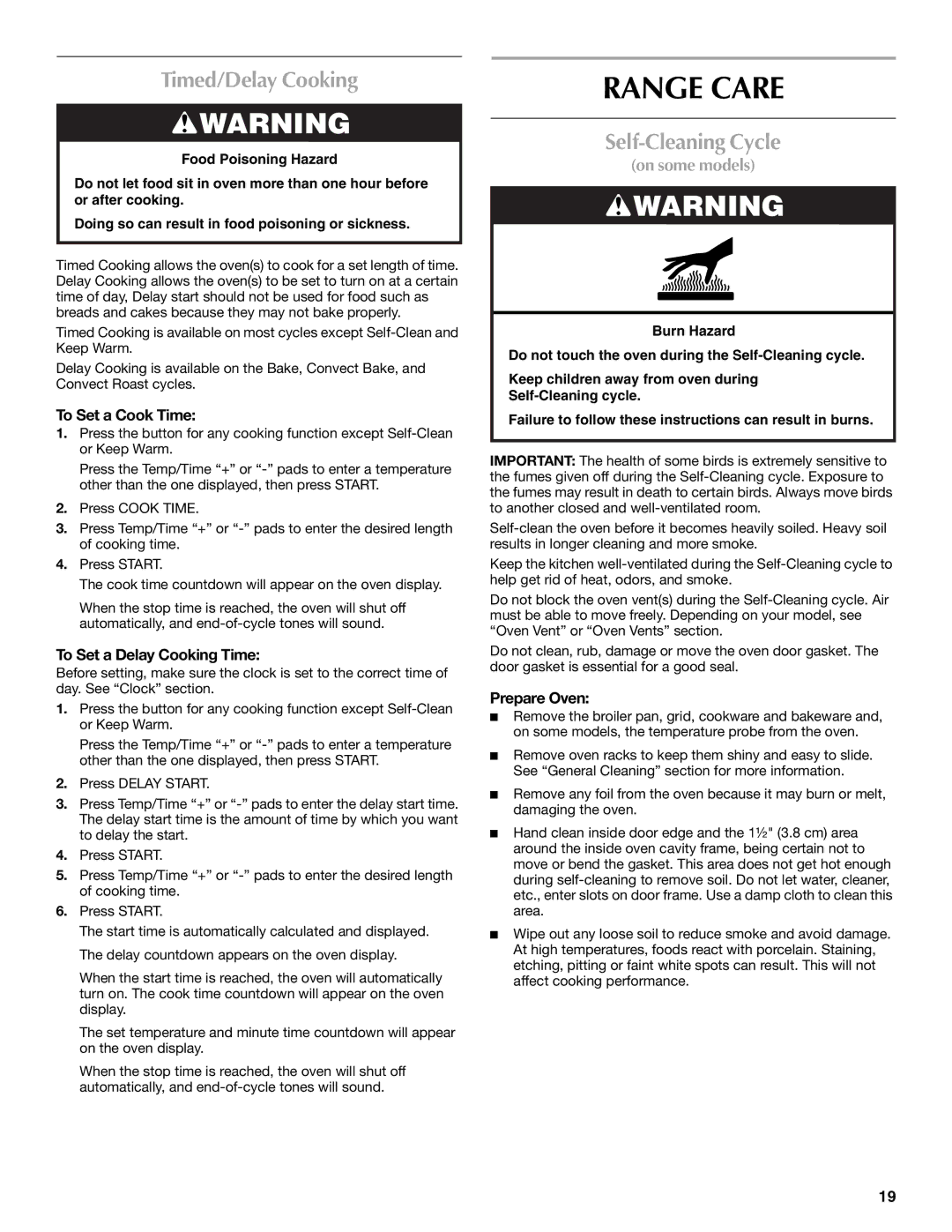 Maytag W10345638A manual Range Care, Timed/Delay Cooking, Self-Cleaning Cycle 