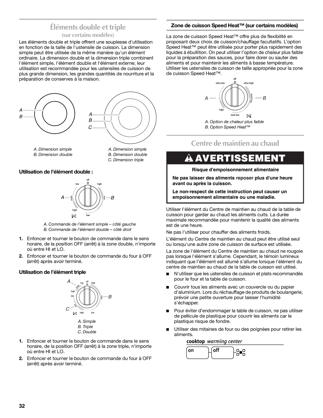 Maytag W10345638A manual Éléments double et triple, Centre de maintien au chaud, Utilisation de l’élément double 