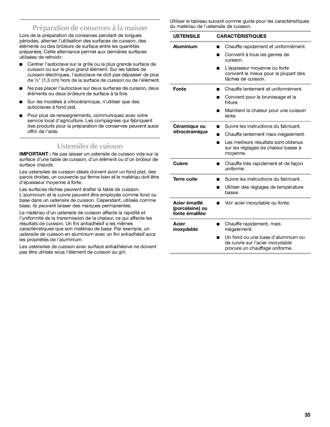 Maytag W10345638A manual Ustensiles de cuisson, Ustensile Caractéristiques 