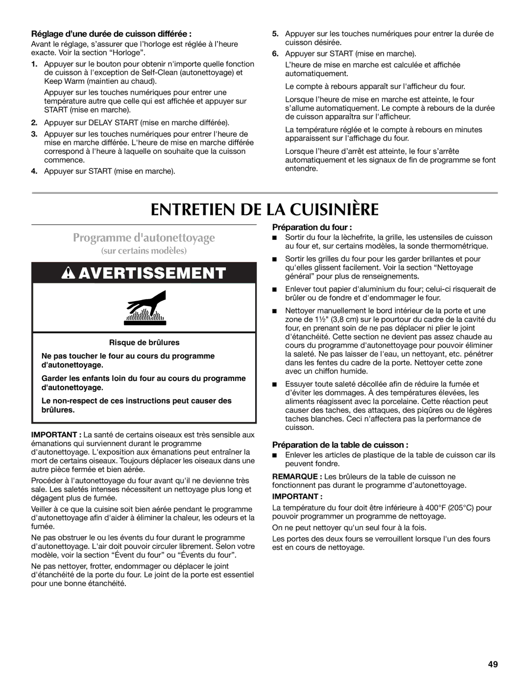 Maytag W10345638A manual Entretien DE LA Cuisinière, Programme dautonettoyage, Réglage d’une durée de cuisson différée 