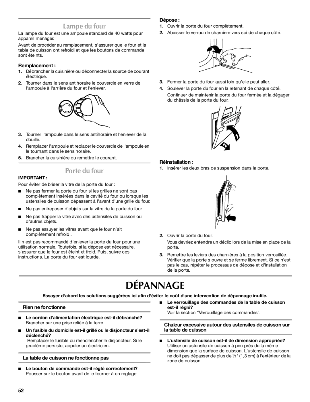 Maytag W10345638A manual Dépannage, Lampe du four, Porte du four 