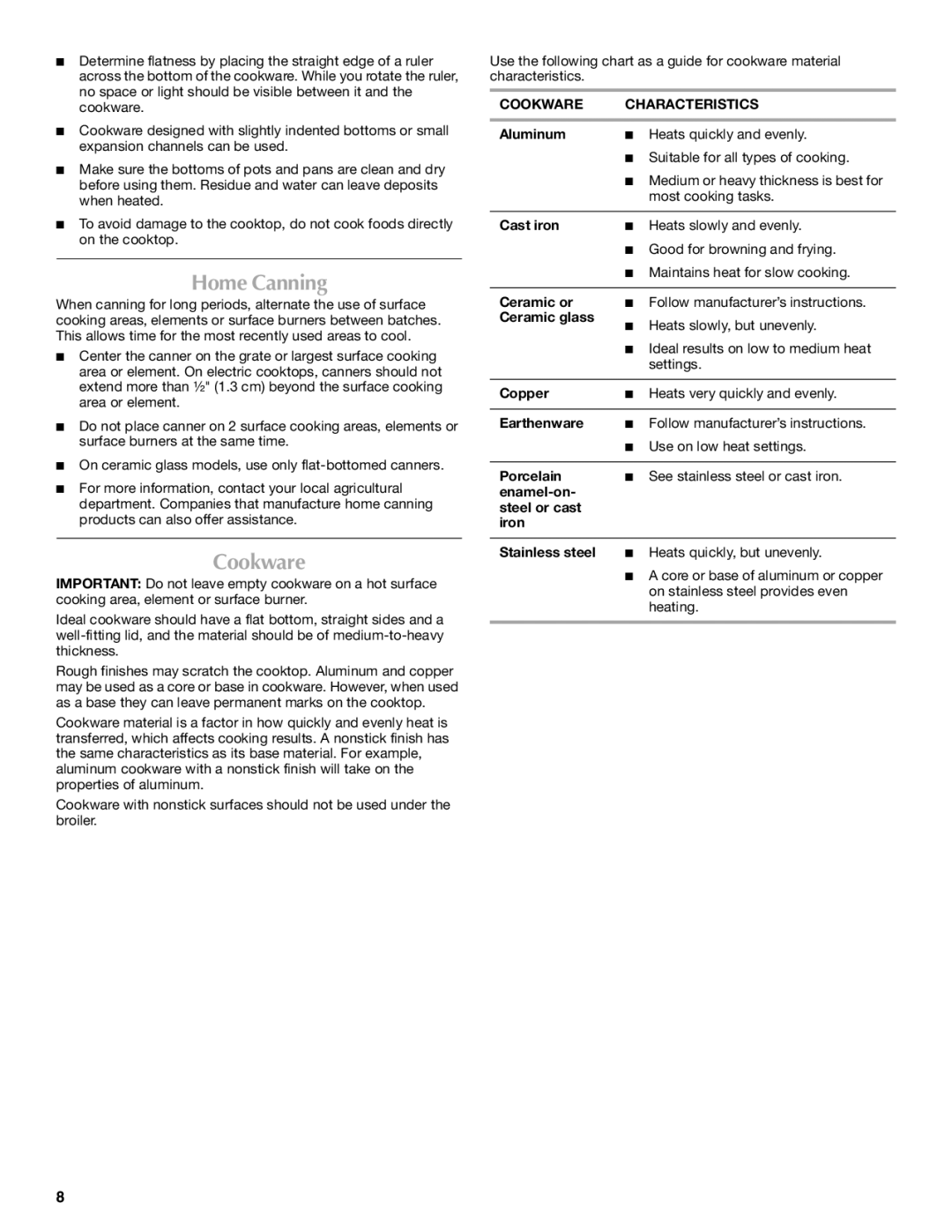 Maytag W10345638A manual Home Canning, Cookware Characteristics 