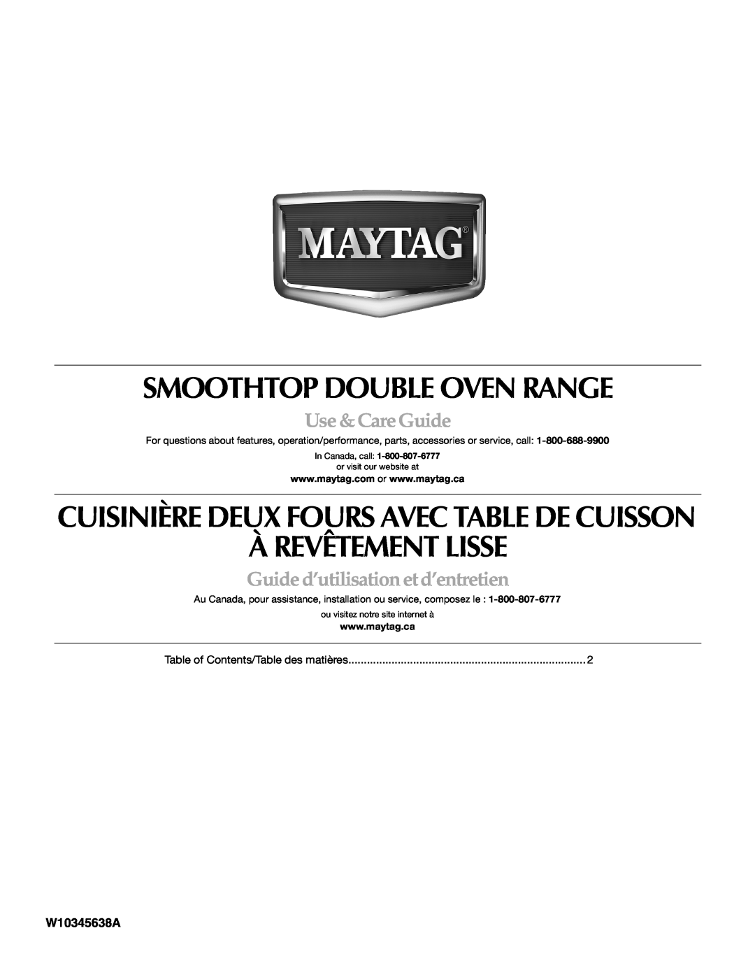 Maytag W10345638A manual Smoothtop Double Oven Range, À Revêtement Lisse, Cuisinière Deux Fours Avec Table De Cuisson 