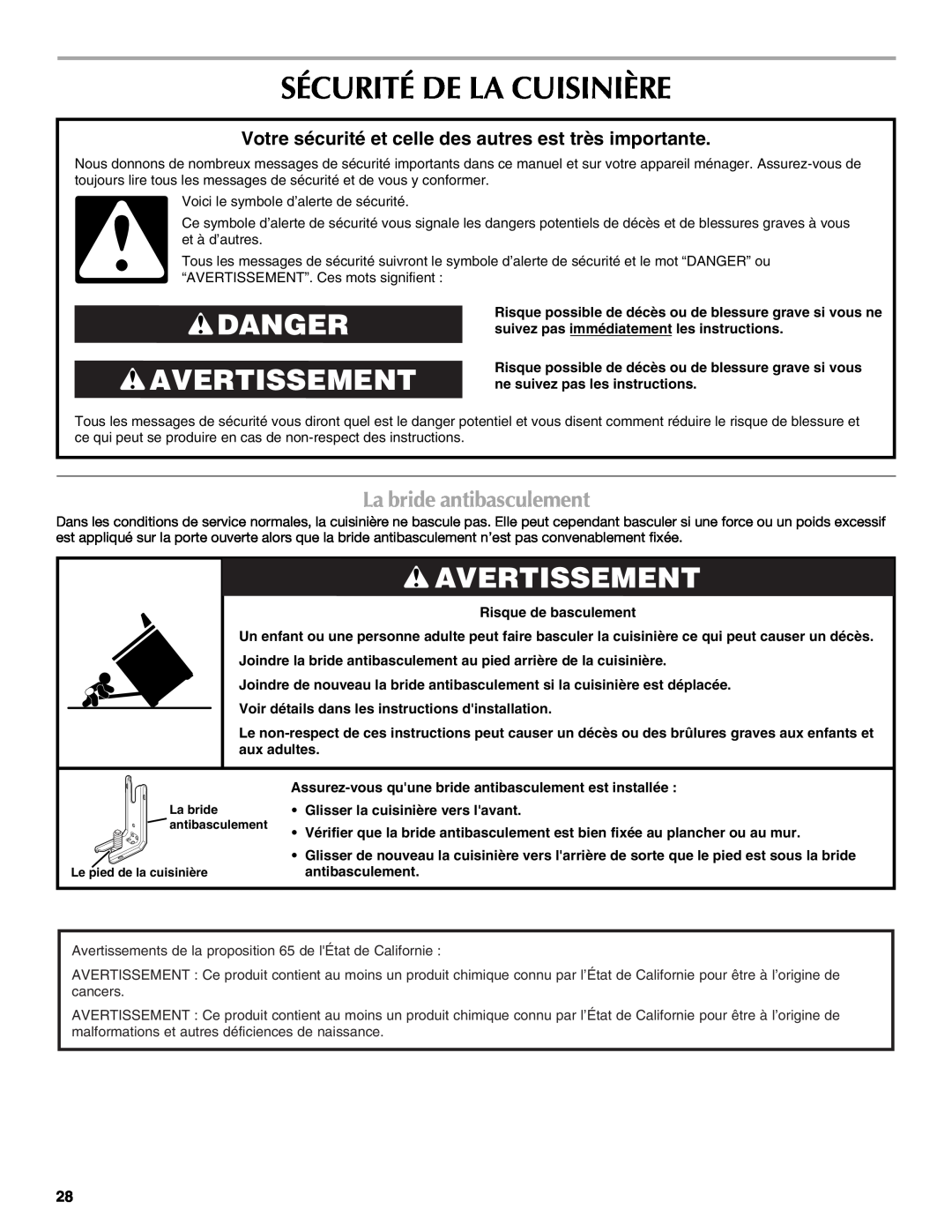 Maytag W10345638A manual Sécurité De La Cuisinière, Danger Avertissement, La bride antibasculement 