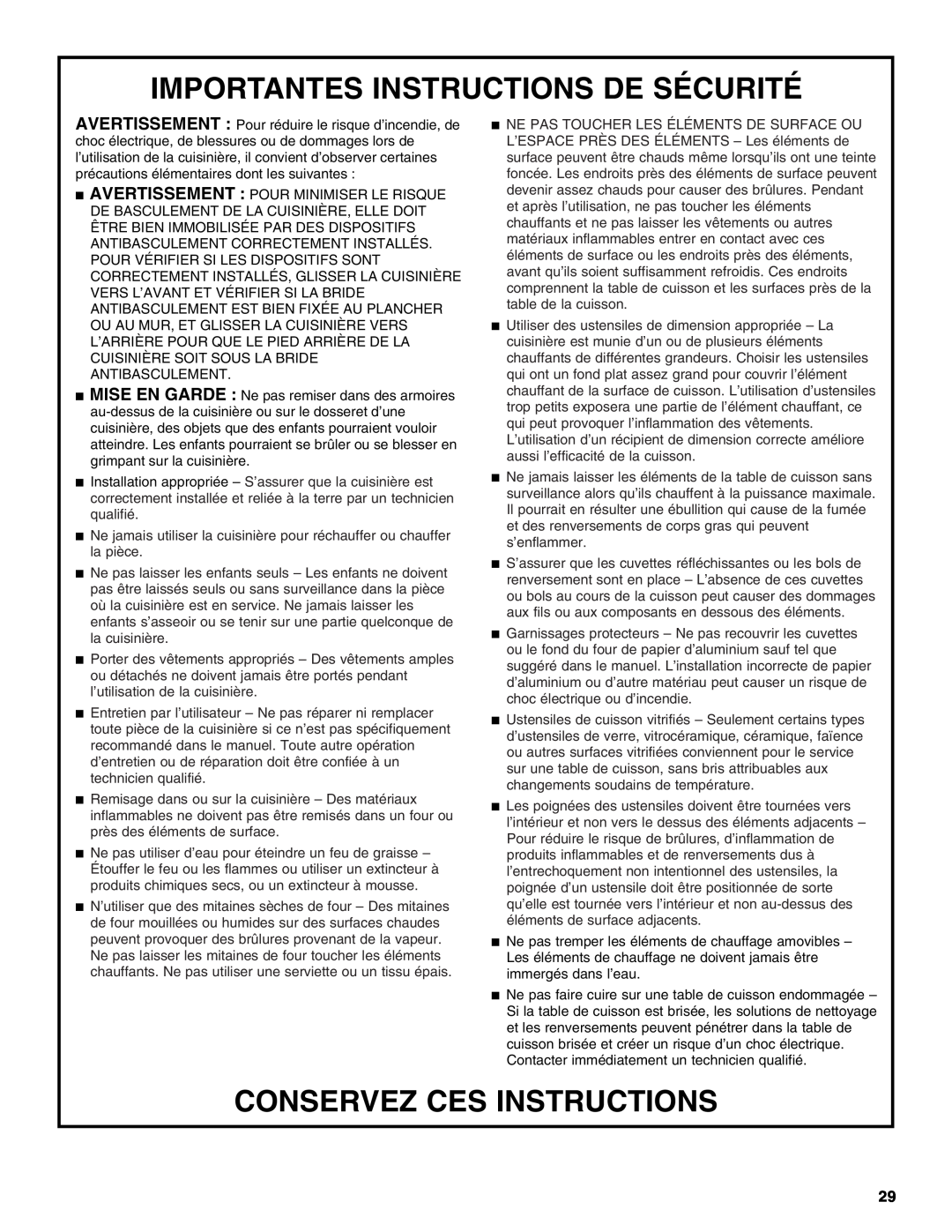 Maytag W10345638A manual Importantes Instructions De Sécurité, Conservez Ces Instructions 