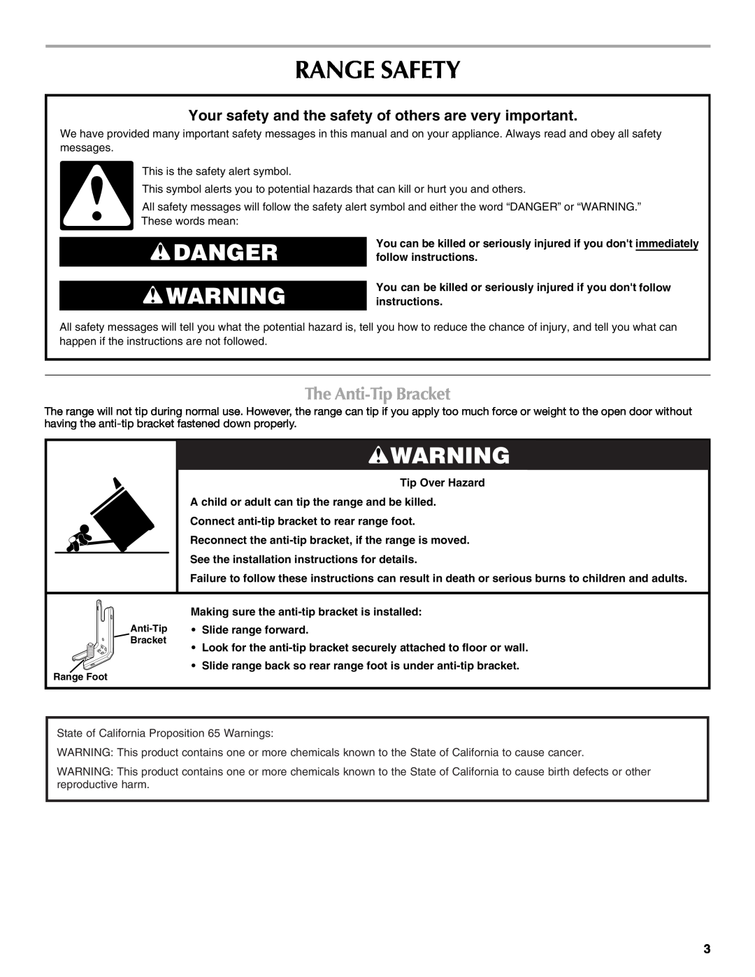 Maytag W10345638A manual Range Safety, Danger, The Anti-TipBracket 