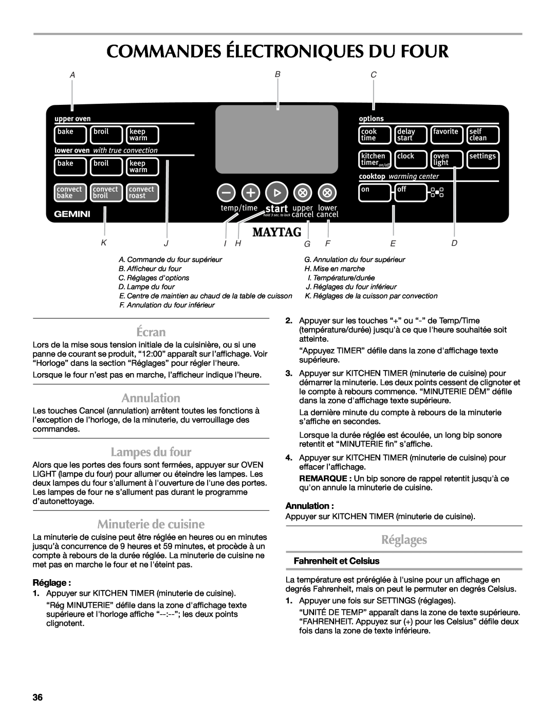 Maytag W10345638A manual Commandes Électroniques Du Four, Écran, Annulation, Lampes du four, Minuterie de cuisine, Réglages 