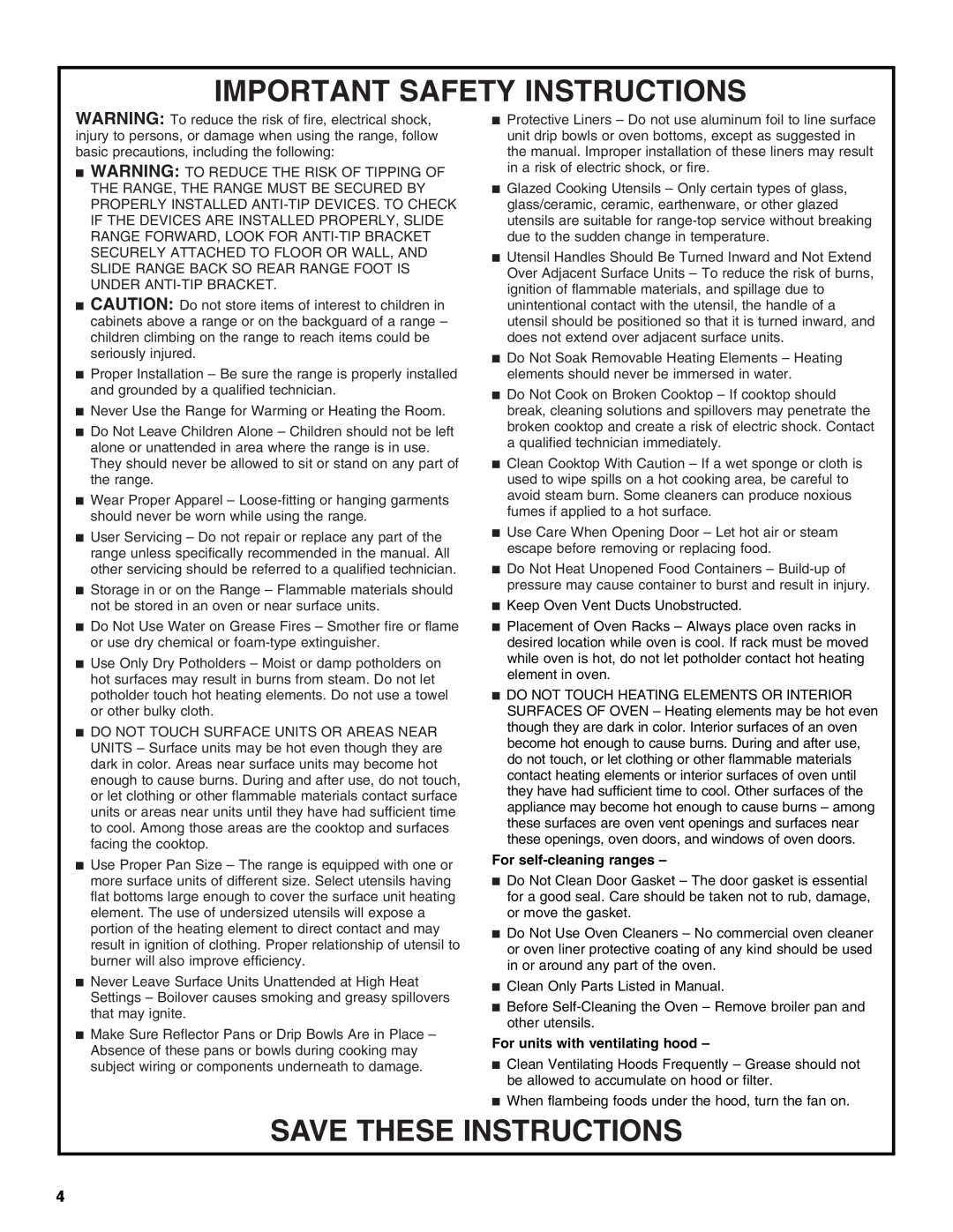 Maytag W10345638A manual Important Safety Instructions, Save These Instructions, For self-cleaningranges 