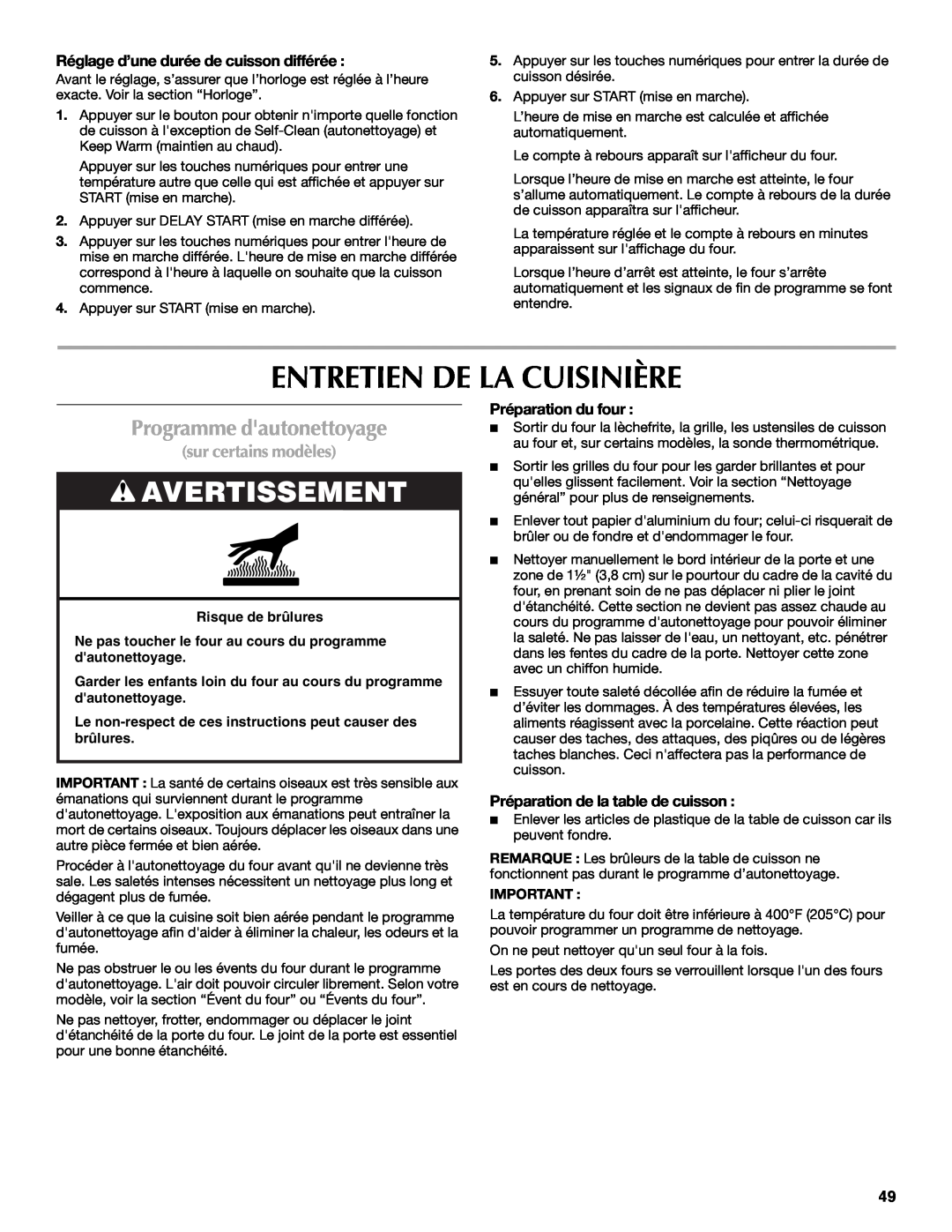 Maytag W10345638A manual Entretien De La Cuisinière, Programme dautonettoyage, Réglage d’une durée de cuisson différée 
