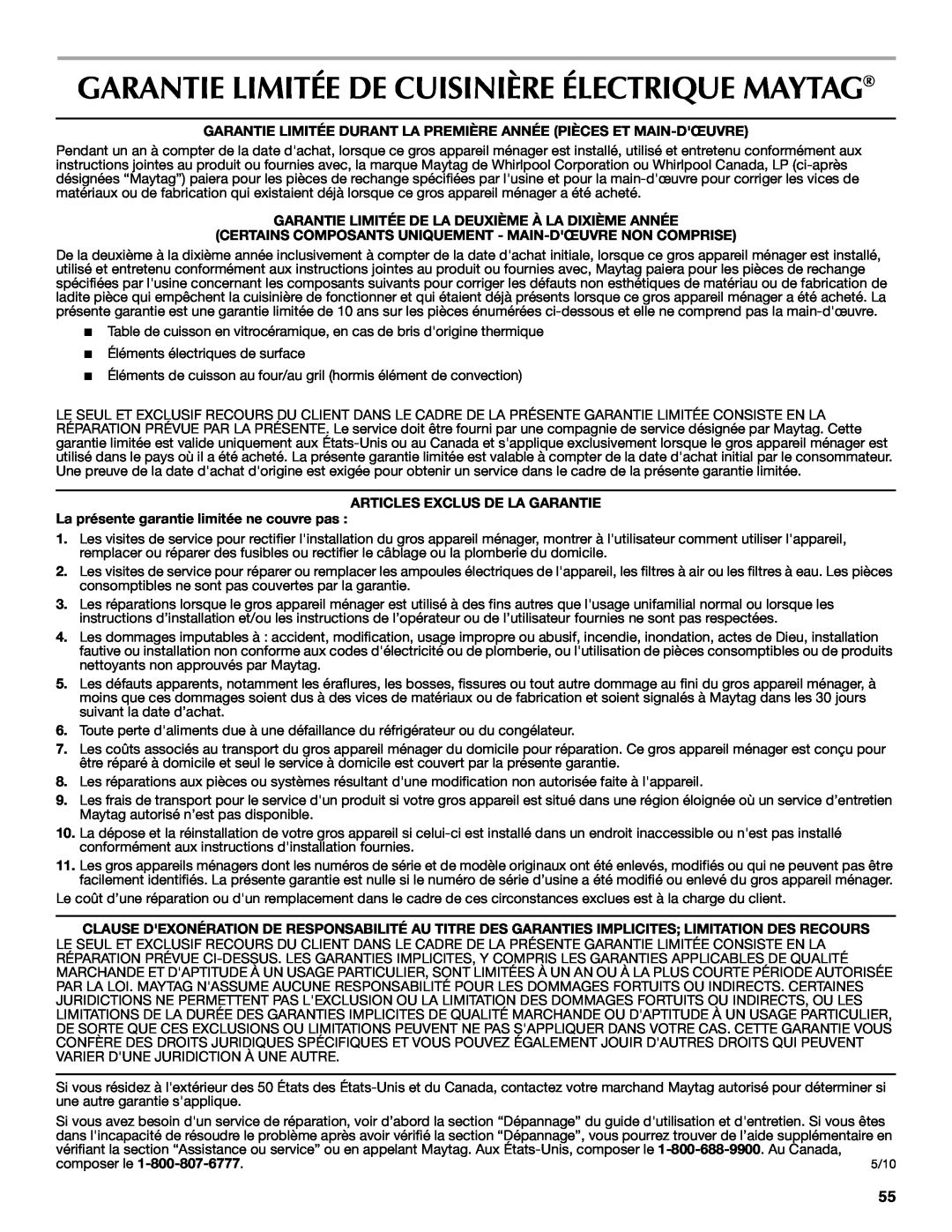 Maytag W10345638A manual Garantie Limitée De Cuisinière Électrique Maytag, Articles Exclus De La Garantie, composer le 