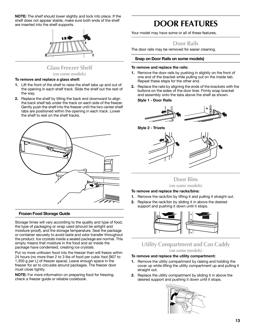 Maytag W10359302A Door Features, Glass Freezer Shelf, Door Rails, Door Bins, Utility Compartment and Can Caddy 