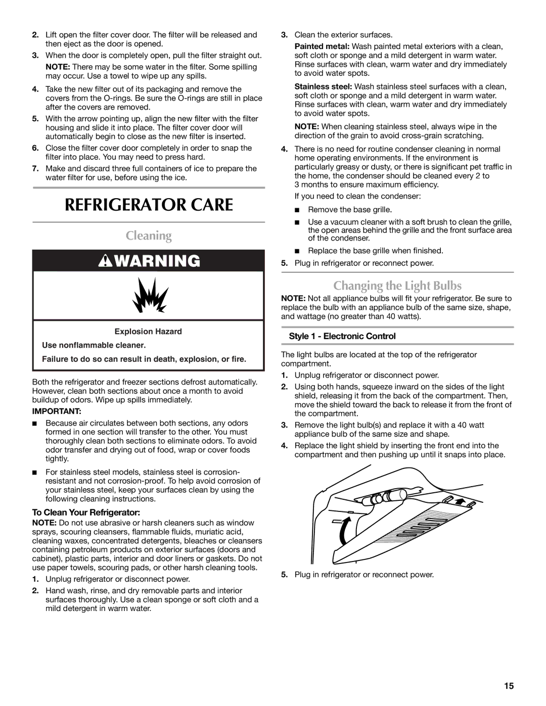 Maytag W10359302A Refrigerator Care, Cleaning, Changing the Light Bulbs, To Clean Your Refrigerator 