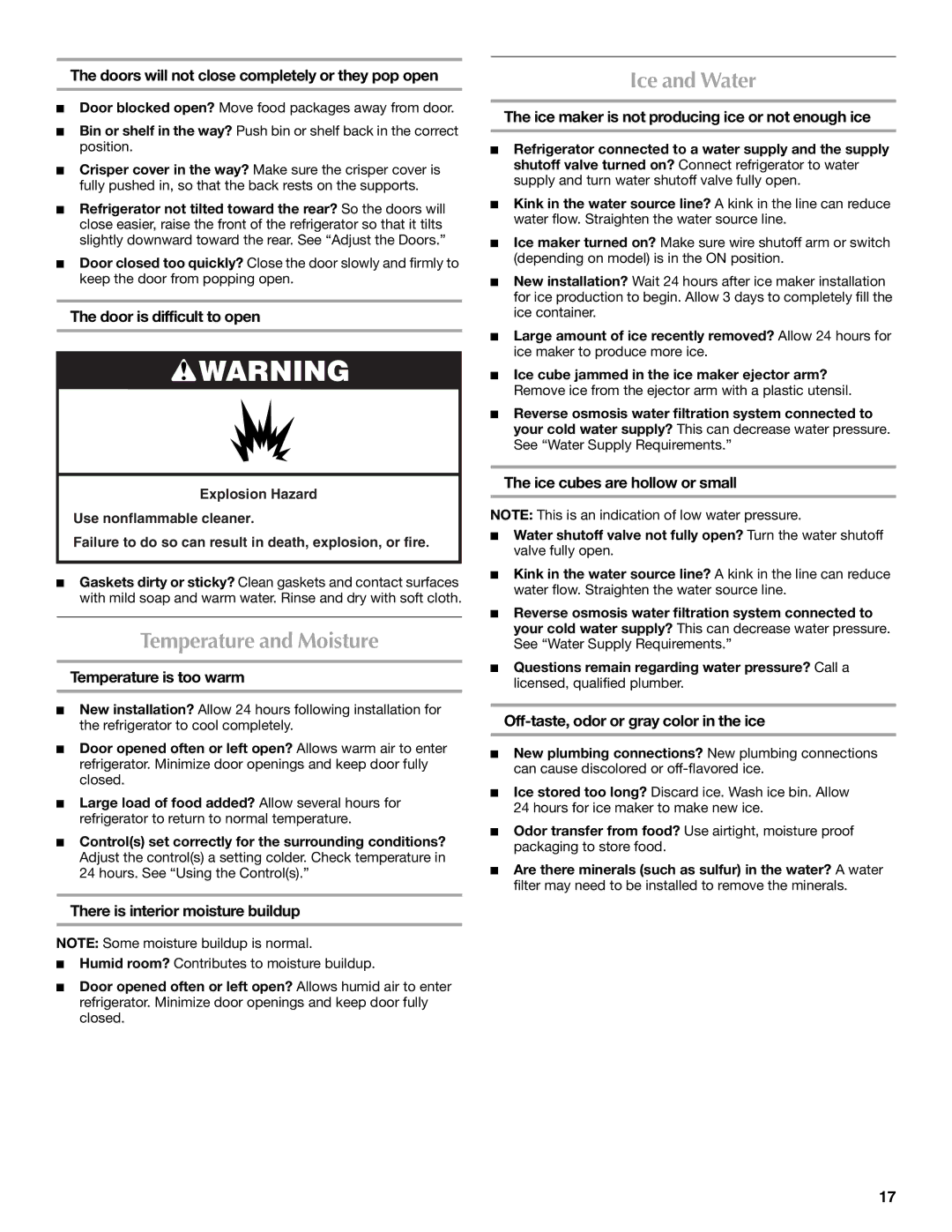 Maytag W10359302A installation instructions Temperature and Moisture, Ice and Water 