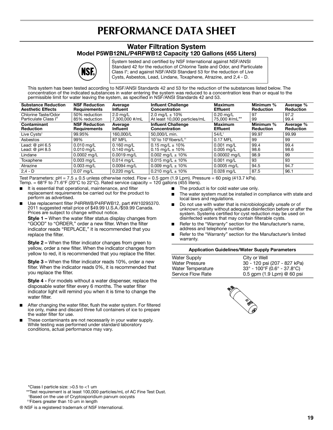 Maytag W10359302A installation instructions Performance Data Sheet, Water Filtration System 