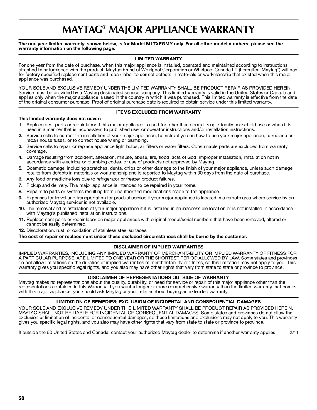 Maytag W10359302A installation instructions Maytag Major Appliance Warranty, Limited Warranty, Items Excluded from Warranty 