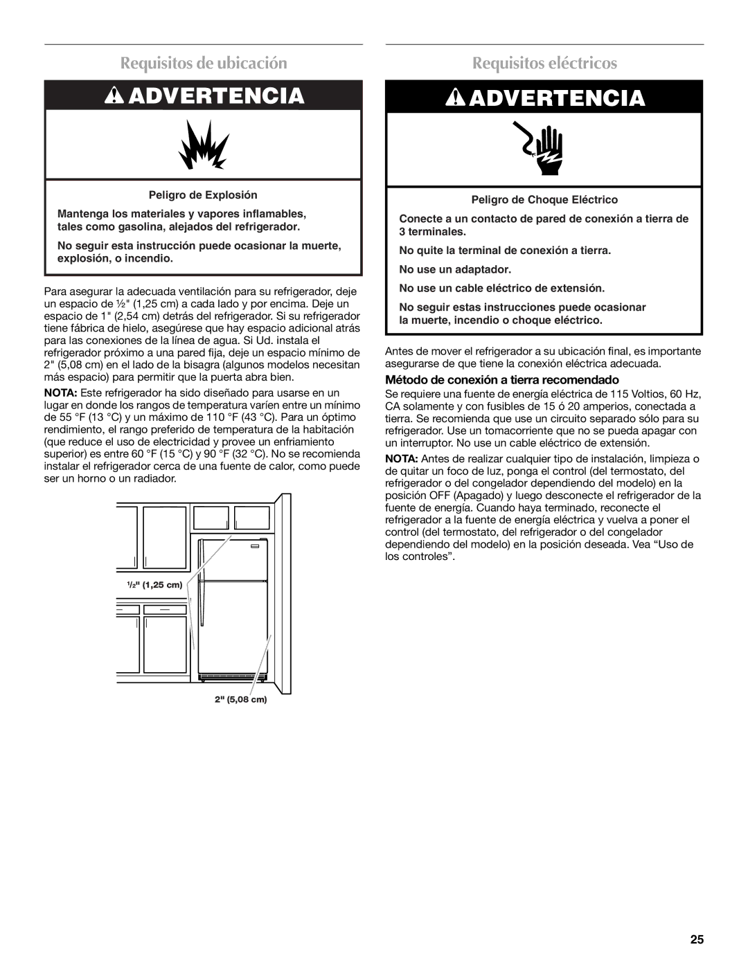 Maytag W10359302A Requisitos de ubicación, Requisitos eléctricos, Método de conexión a tierra recomendado 